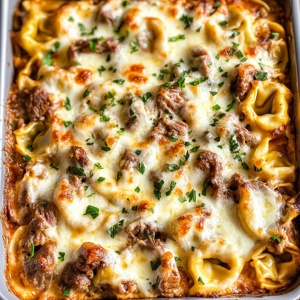 Golden Cheese Steak Tortellini Casserole