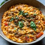Ground Beef Orzo with Tomato Cream Sauce and Fresh Basil