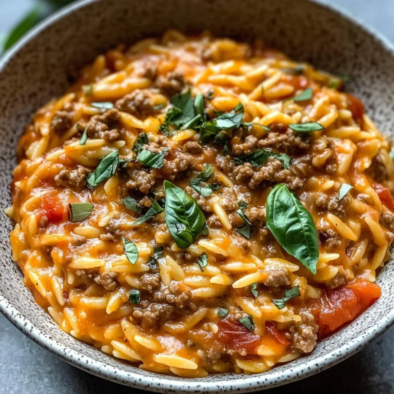 Ground Beef Orzo with Tomato Cream Sauce and Fresh Basil