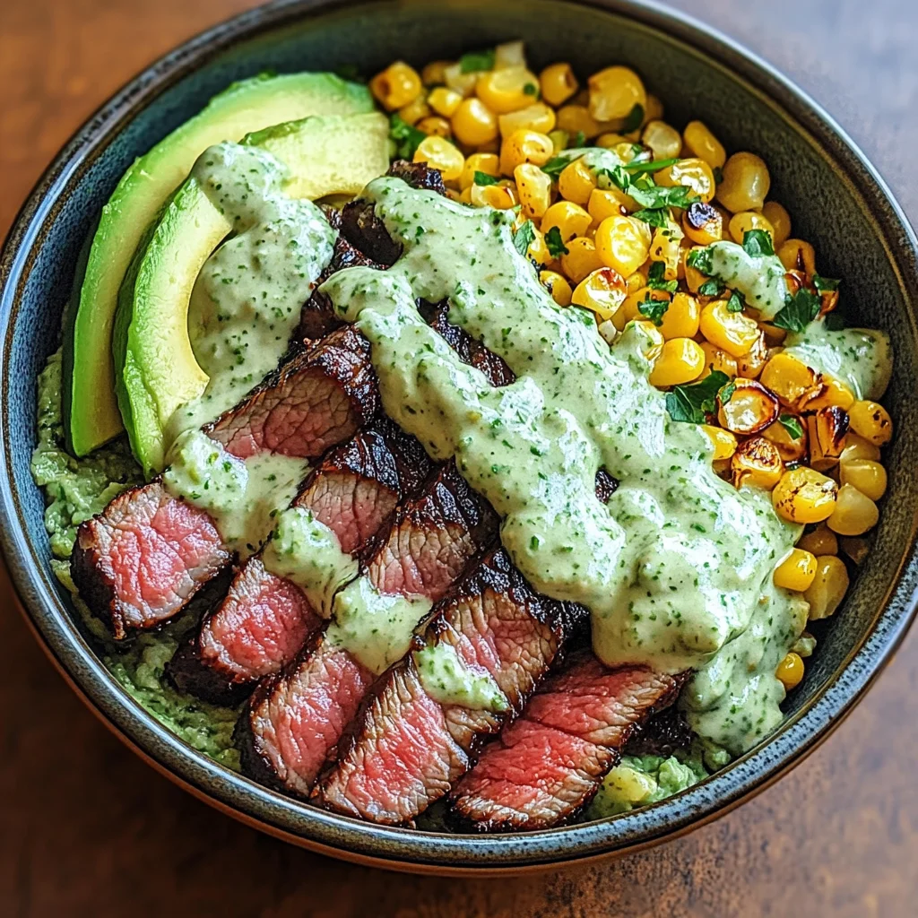 Steak Avocado Roasted Corn Bowl with Cilantro Cream Sauce delights!