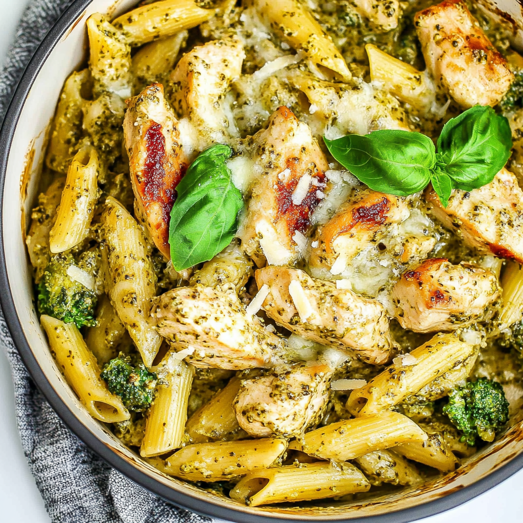 Creamy Pesto Chicken and Broccoli Pasta Bake