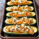 High Protein Buffalo Chicken Stuffed Zucchini Boats