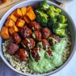 Barbecue Meatball Bowls with Avocado Goddess Sauce