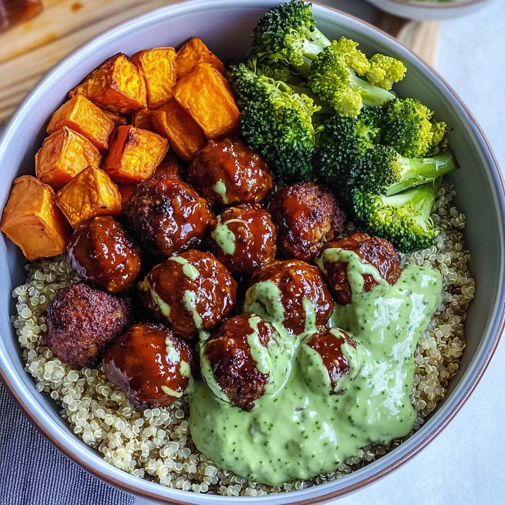Barbecue Meatball Bowls with Avocado Goddess Sauce