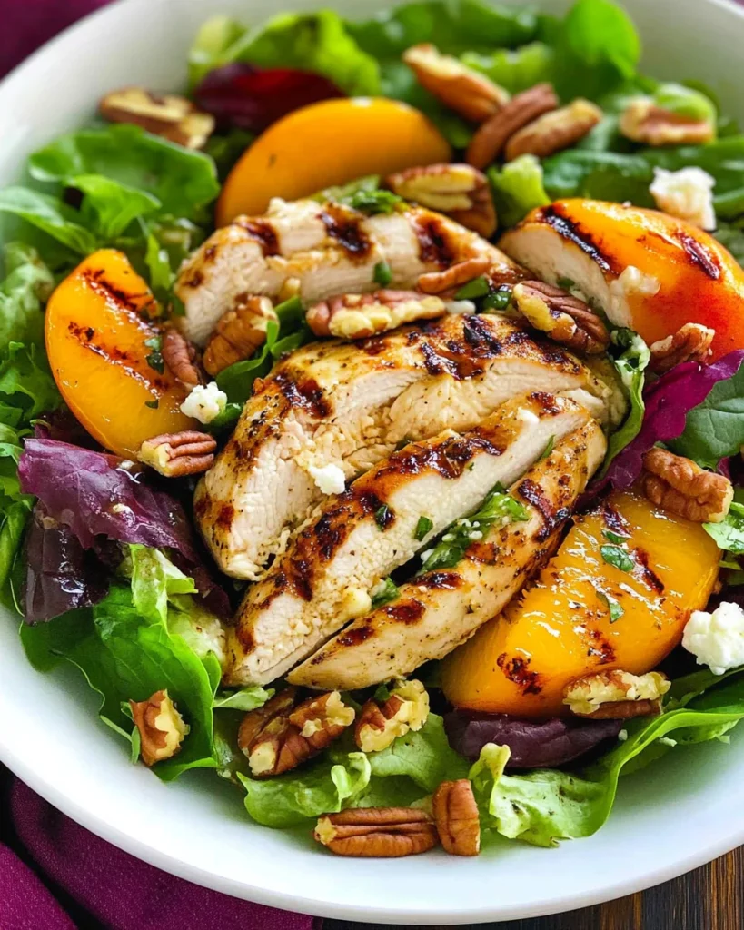 Grilled Chicken, Peach, Pecan and Goat Cheese Salad with Basil Vinaigrette